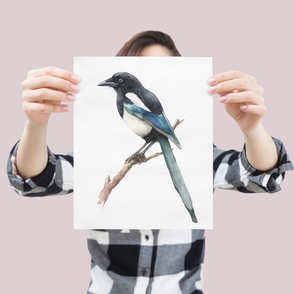Watercolor Magpie Bird Wall Art Print, Unframed - Elegant Nature-Inspired Decor - Picture 4 of 6